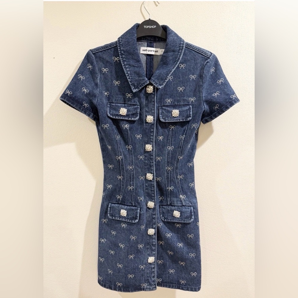 self portrait DENIM DIAMANTE BOW COLLARED MINI DRESS Size 2 (worn Once)